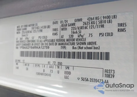 2024 Ford Transit-350 Passenger Van Xlt из США, поврежденный, VIN 1FBAX2Y84RKA12759